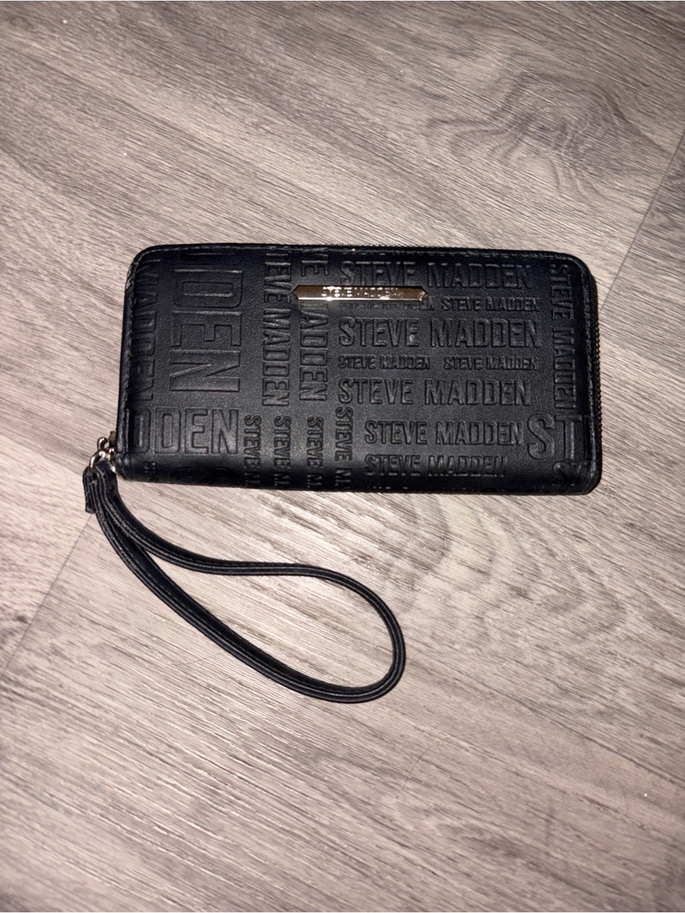 Steve Madden Black Embossed Logo Zip Wristlet